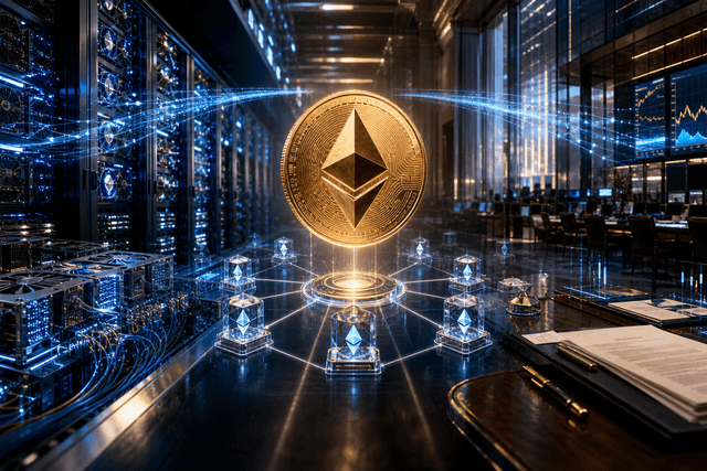 A cinematic Ethereum coin floats between validator infrastructure and public-market trading desks, symbolising staking entering Wall Street balance sheets