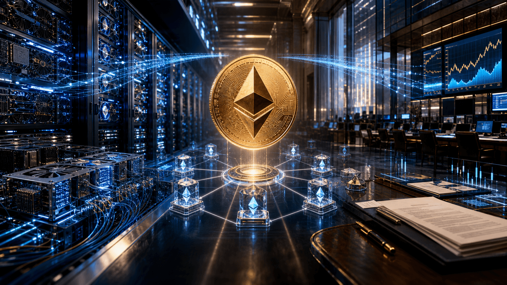 A cinematic Ethereum coin floats between validator infrastructure and public-market trading desks, symbolising staking entering Wall Street balance sheets