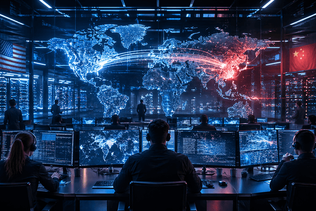 A cinematic AI security operations centre shows analysts monitoring global data flows and server systems during a tense international technology dispute.