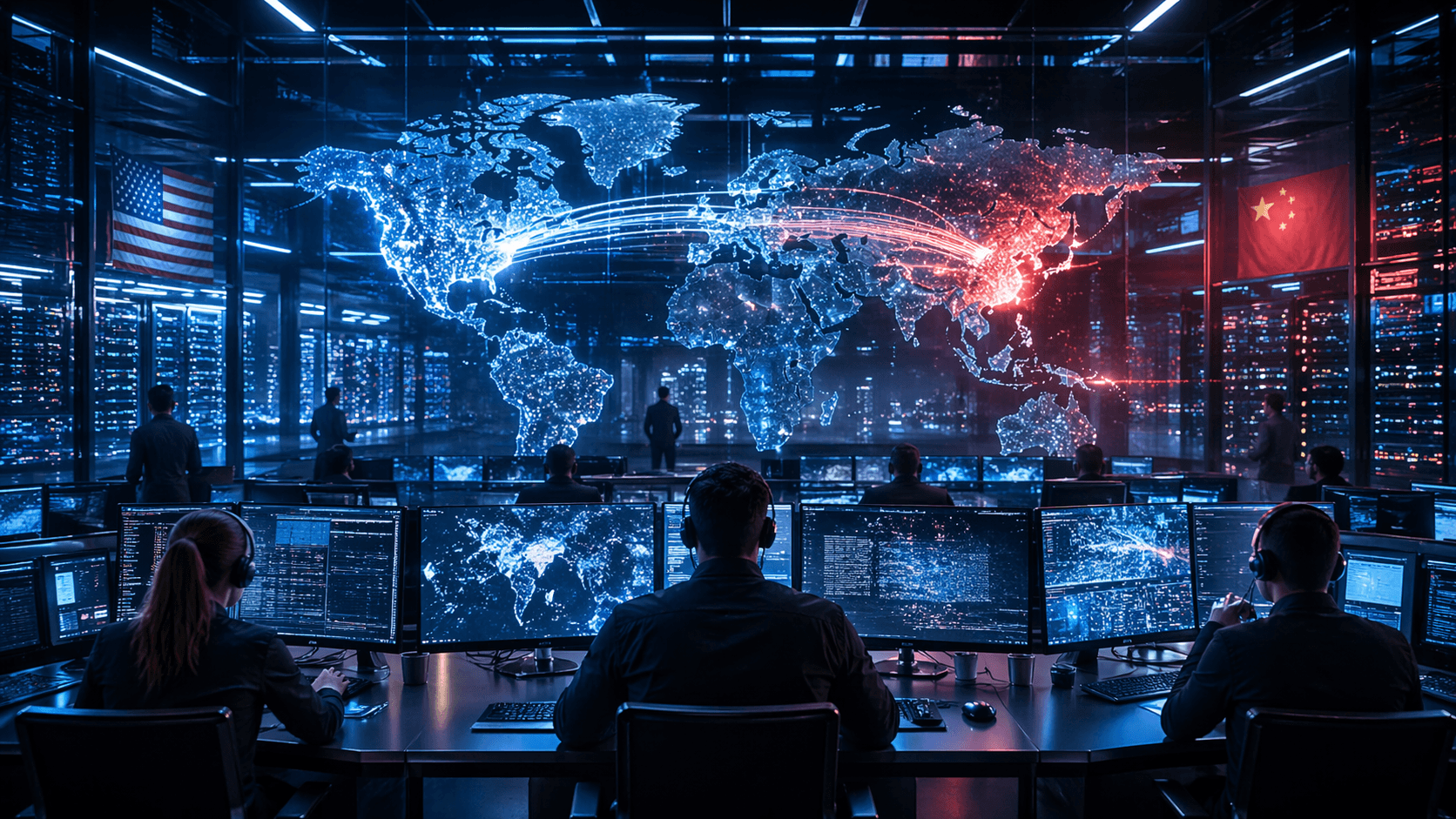 A cinematic AI security operations centre shows analysts monitoring global data flows and server systems during a tense international technology dispute.