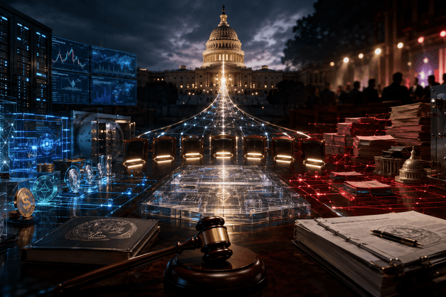 A cinematic Senate crypto regulation scene shows seven empty voting seats, digital asset tokens, legal documents, and a fragile bridge toward a Capitol-style chamber.