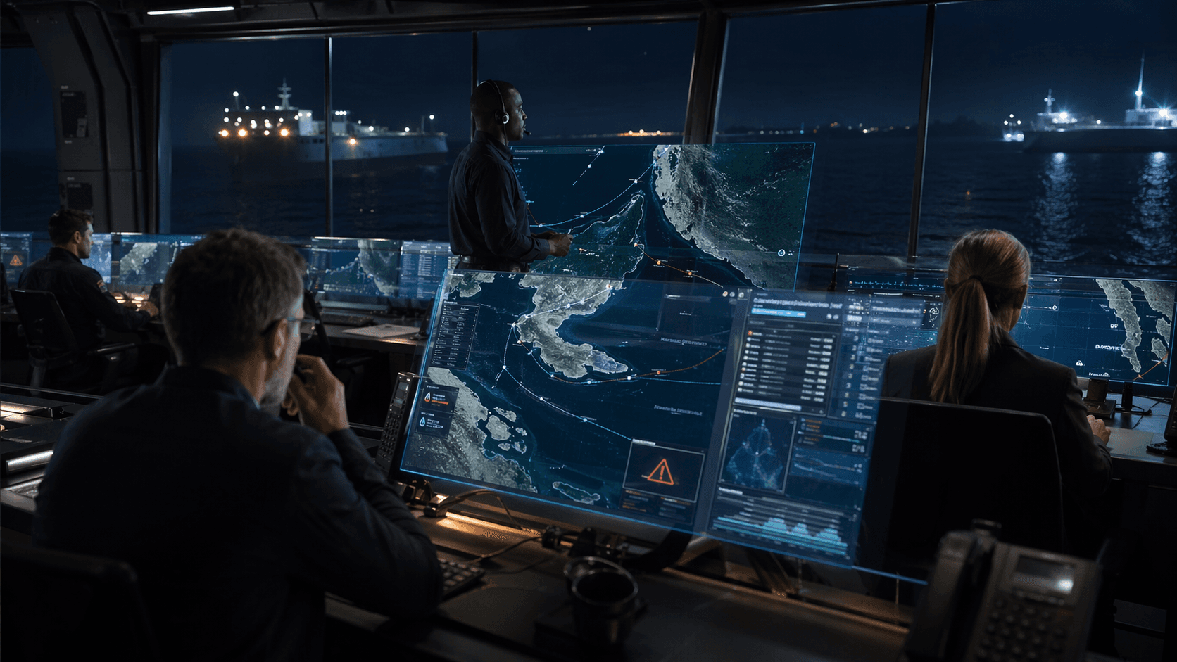 A photorealistic maritime crisis command centre at night where analysts monitor tanker routes, suspicious messages, and security threats near a dangerous shipping corridor.
