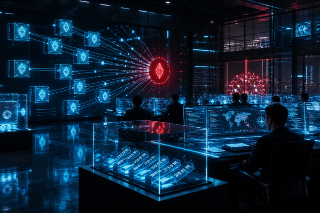 A futuristic crypto security room showing dormant wallet vaults, blockchain drain trails and investigators tracking old private key risks.