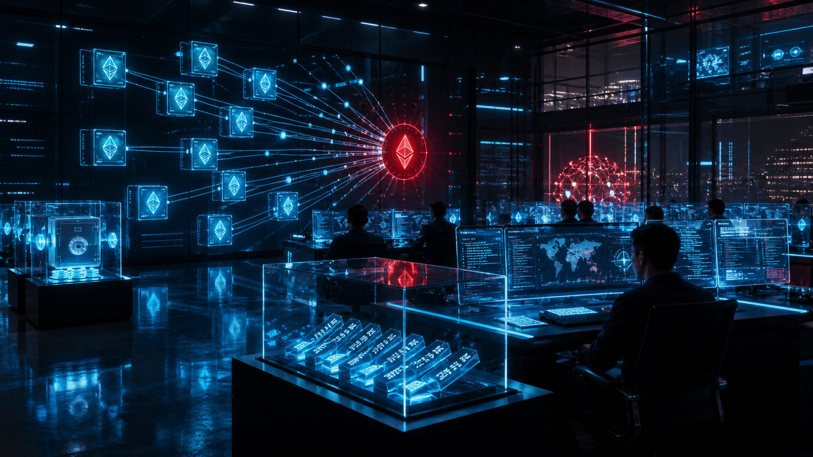 A futuristic crypto security room showing dormant wallet vaults, blockchain drain trails and investigators tracking old private key risks.