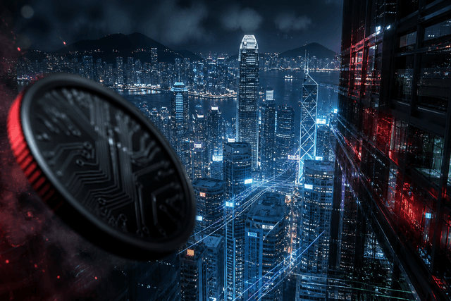 A cinematic night scene of Hong Kong’s financial district with digital payment lines and a suspicious unmarked crypto token symbolising fake bank-branded stablecoins.