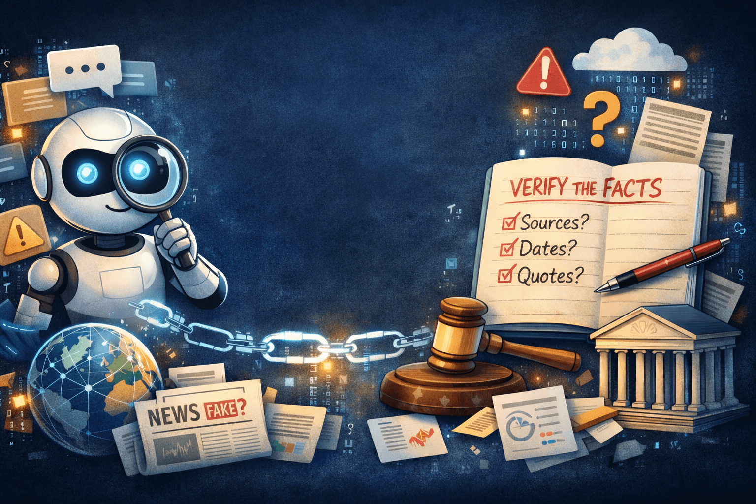 A wide digital illustration showing a white robot on the left studying through a magnifying glass, facing a dark blue tech-themed background. On the right are symbols of verification and accountability, including an open notebook, scattered documents, a gavel, courthouse-style columns, charts, a warning symbol, and a glowing connected globe, suggesting AI safety, fact-checking, and the need to verify information.