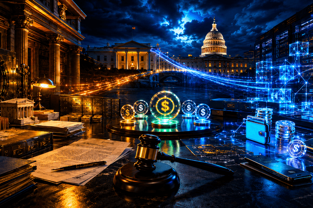A cinematic policy table shows banks, stablecoin tokens, digital wallets, and regulatory documents caught between the White House and Capitol-style buildings.