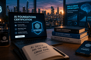 A futuristic 16:9 scene showing a person working on a laptop in a modern workspace surrounded by glowing AI interfaces and data streams. The environment blends real-world office elements with holographic visuals, representing learning, skill development, and human interaction with advanced artificial intelligence tools.