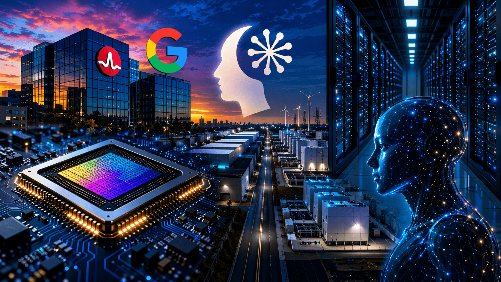 A wide futuristic AI infrastructure scene showing a glowing computer chip in the foreground, large glass office buildings at sunset, a massive data centre complex stretching into the distance, rows of blue lit server racks, and two luminous digital human silhouettes representing artificial intelligence. Logos for major tech companies appear above the skyline, reinforcing the theme of advanced computing, cloud infrastructure, and large scale AI partnerships.