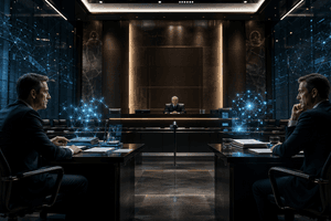 A cinematic courtroom scene showing a tense legal battle over artificial intelligence, with glowing AI holograms and legal documents under dramatic lighting.