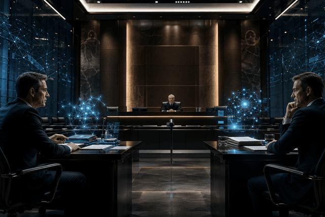 A cinematic courtroom scene showing a tense legal battle over artificial intelligence, with glowing AI holograms and legal documents under dramatic lighting.