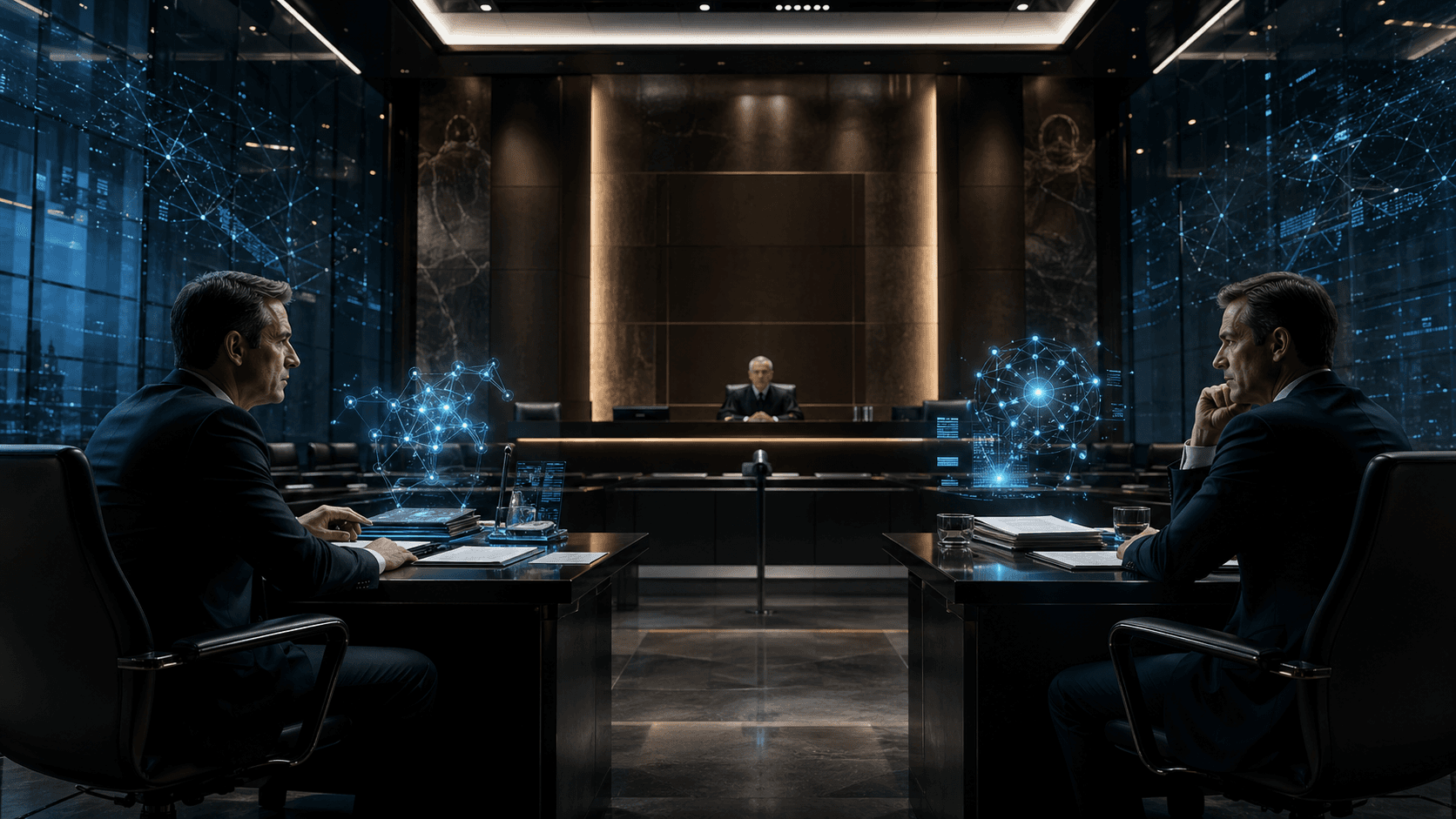 A cinematic courtroom scene showing a tense legal battle over artificial intelligence, with glowing AI holograms and legal documents under dramatic lighting.