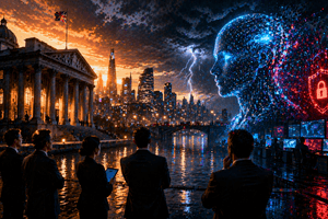 A dramatic futuristic scene showing a group of business professionals standing beside a river in a modern city at sunset, facing a massive glowing digital AI head made of light and data. On one side, a classical government building represents traditional institutions, while on the other, a high-tech control centre