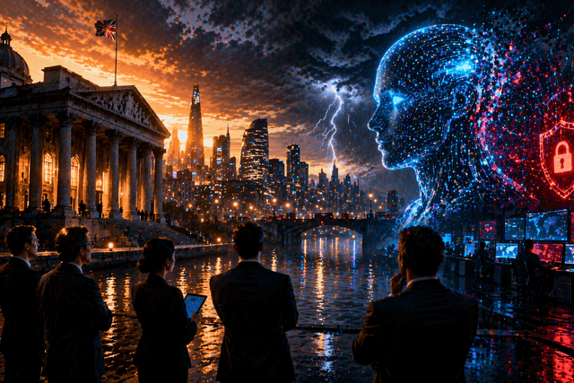 A dramatic futuristic scene showing a group of business professionals standing beside a river in a modern city at sunset, facing a massive glowing digital AI head made of light and data. On one side, a classical government building represents traditional institutions, while on the other, a high-tech control centre