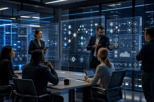 A customer experience team reviews AI agent workflows, data pipelines, and human handoff controls inside a modern enterprise operations centre.
