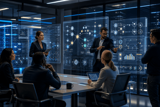 A customer experience team reviews AI agent workflows, data pipelines, and human handoff controls inside a modern enterprise operations centre.