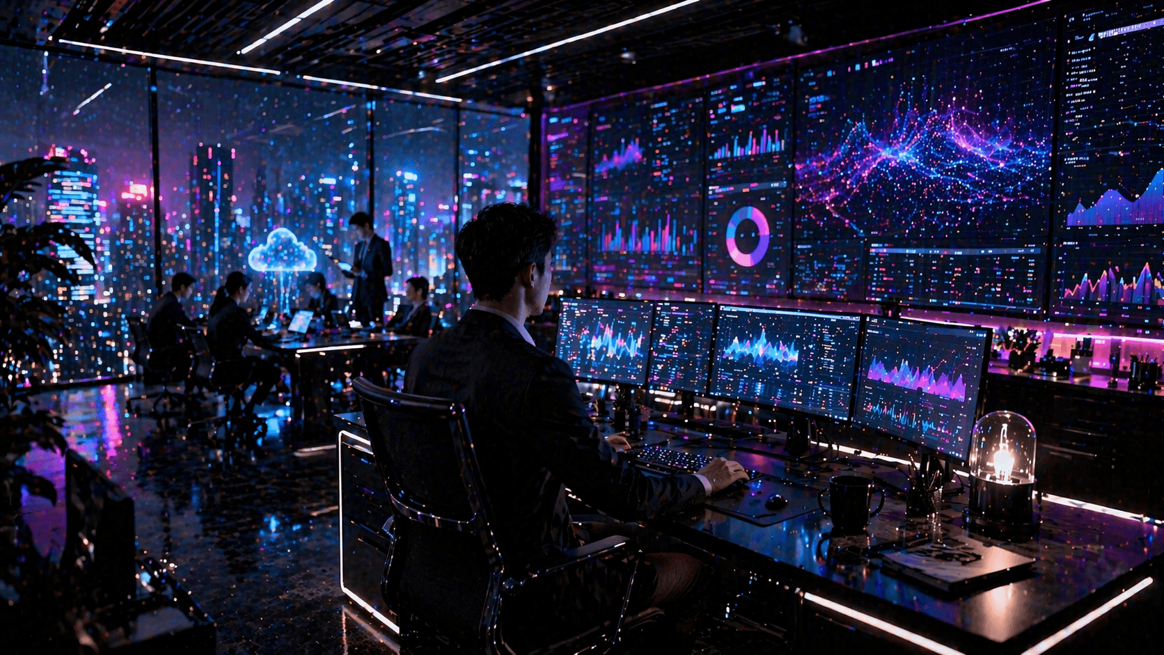 A photorealistic enterprise control room showing professionals using AI-enhanced software dashboards and analytics in a modern Chinese office at night.