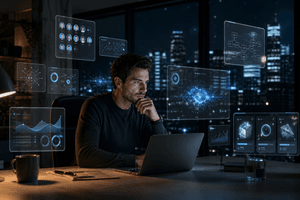 A cinematic scene of a founder studying AI learning tools and demand-signal dashboards in a quiet office, symbolising evidence-backed building.