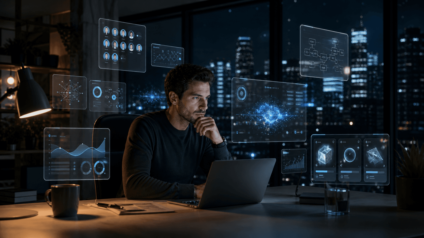A cinematic scene of a founder studying AI learning tools and demand-signal dashboards in a quiet office, symbolising evidence-backed building.