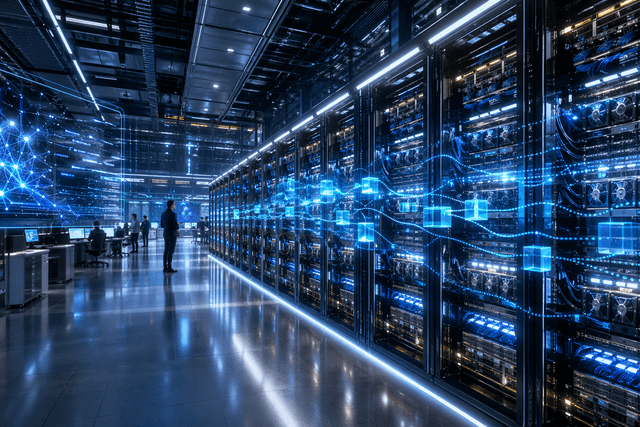 A futuristic ai data centre glows with advanced server racks and flowing digital interfaces that suggest fast, large-scale inference processing.