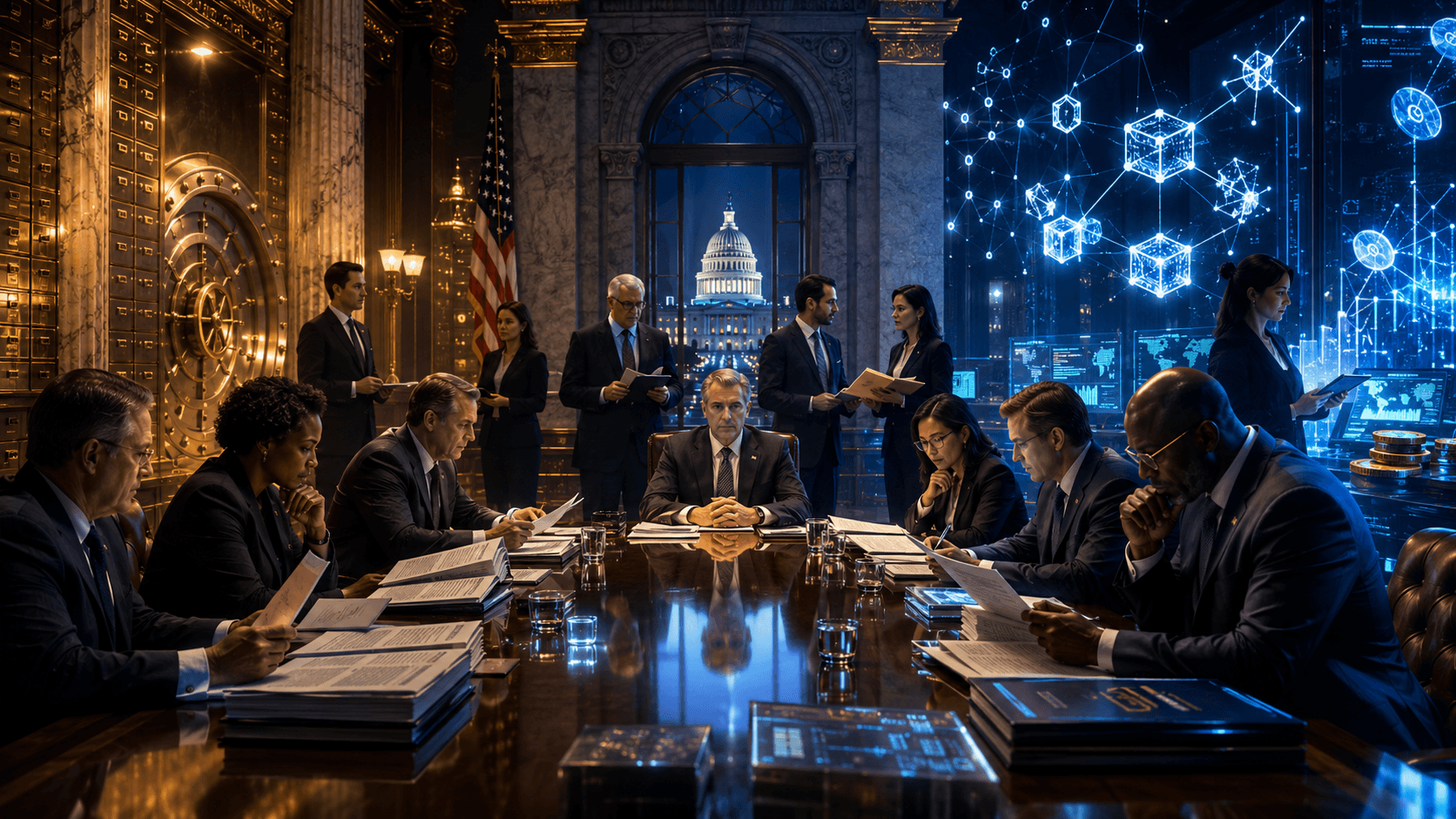 A cinematic financial policy room showing lawmakers weighing crypto regulation between traditional banking infrastructure and glowing digital asset networks.