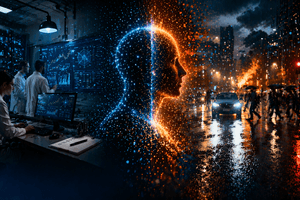 cinematic image showing the contrast between controlled AI testing and real world uncertainty. On the left, scientists in a dark high tech lab study glowing data screens and charts. On the right, a wet city street at night is filled with headlights, pedestrians, smoke, fire, and chaos. In the centre, a glowing digital human profile made of blue and orange particles divides the two worlds, symbolising the gap between benchmark performance and real world AI risk.