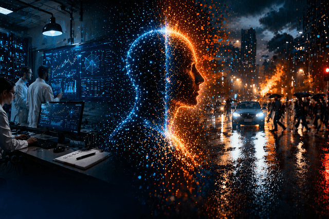 cinematic image showing the contrast between controlled AI testing and real world uncertainty. On the left, scientists in a dark high tech lab study glowing data screens and charts. On the right, a wet city street at night is filled with headlights, pedestrians, smoke, fire, and chaos. In the centre, a glowing digital human profile made of blue and orange particles divides the two worlds, symbolising the gap between benchmark performance and real world AI risk.