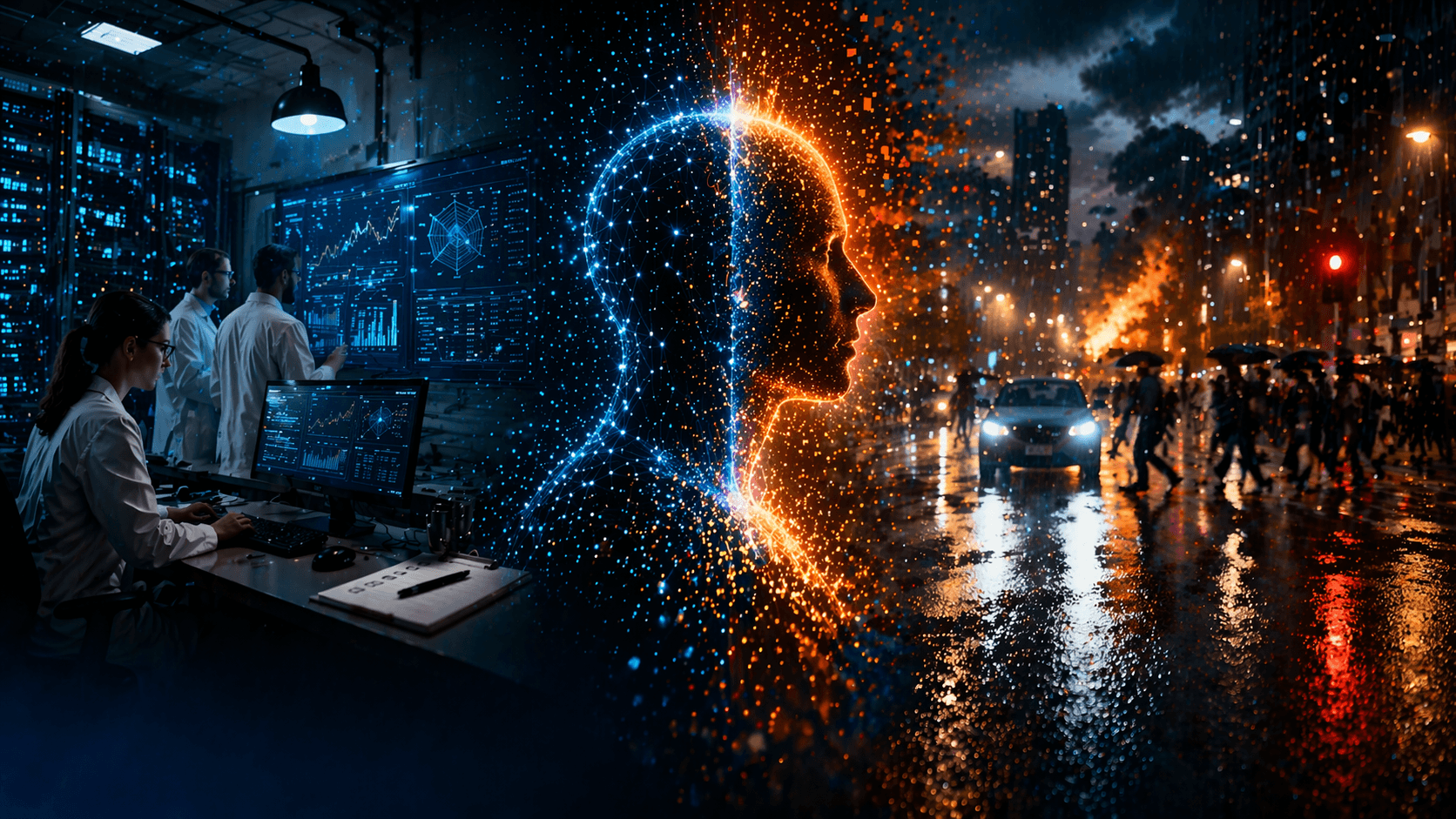 cinematic image showing the contrast between controlled AI testing and real world uncertainty. On the left, scientists in a dark high tech lab study glowing data screens and charts. On the right, a wet city street at night is filled with headlights, pedestrians, smoke, fire, and chaos. In the centre, a glowing digital human profile made of blue and orange particles divides the two worlds, symbolising the gap between benchmark performance and real world AI risk.
