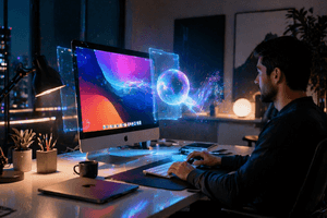 A photorealistic Mac desktop workspace shows a professional user in a softly lit room with subtle futuristic AI interface elements near the screen