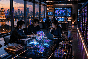 A photorealistic Chinese AI research lab with researchers, glass workstations, and glowing server racks in a sleek cinematic environment.