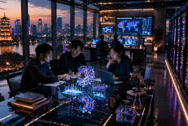 A photorealistic Chinese AI research lab with researchers, glass workstations, and glowing server racks in a sleek cinematic environment.
