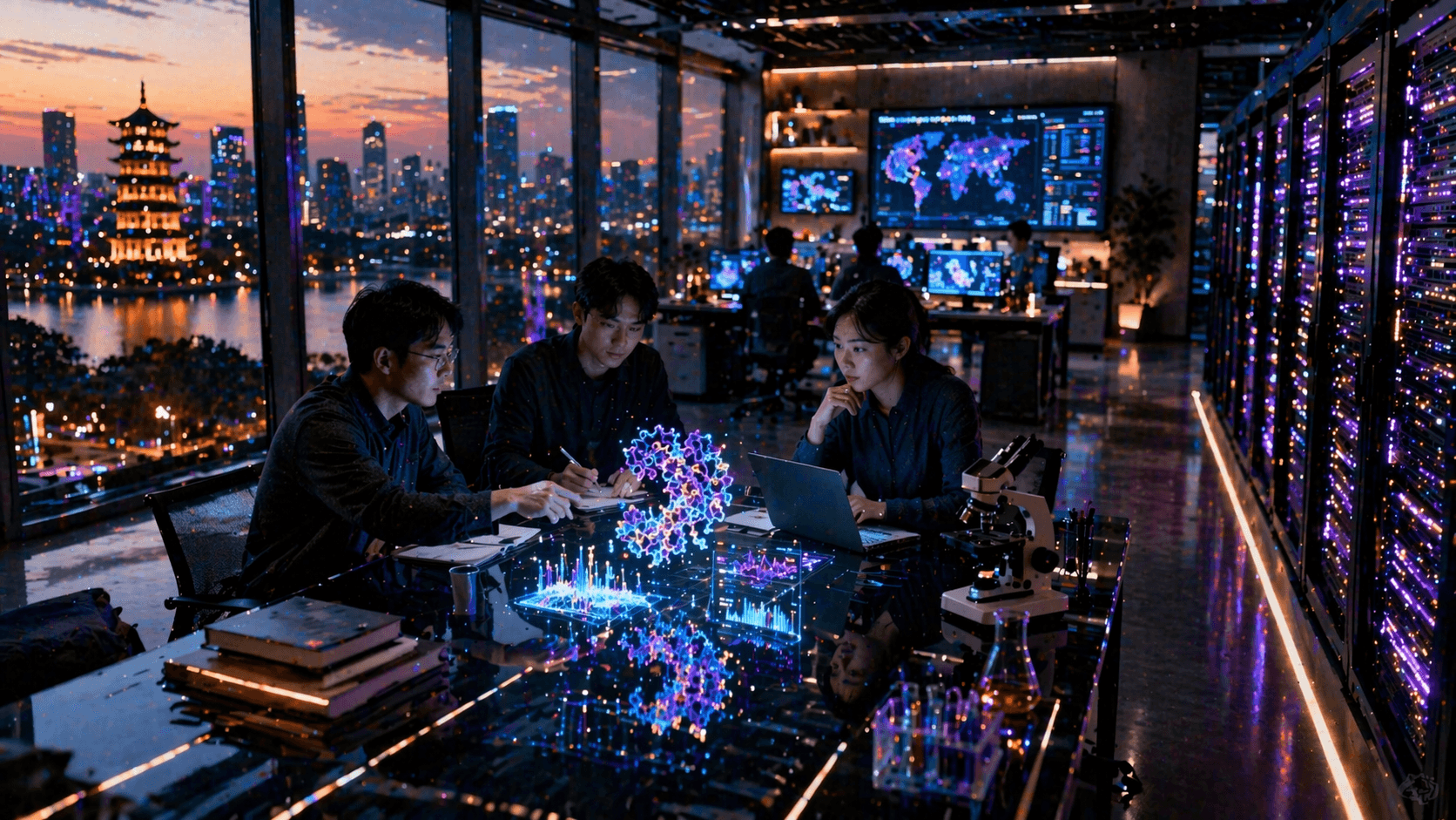 A photorealistic Chinese AI research lab with researchers, glass workstations, and glowing server racks in a sleek cinematic environment.