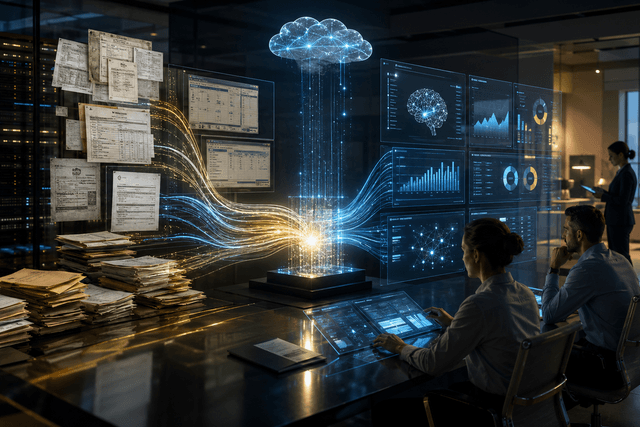 A cinematic enterprise operations room showing messy business records being transformed into structured AI workflows under human supervision.