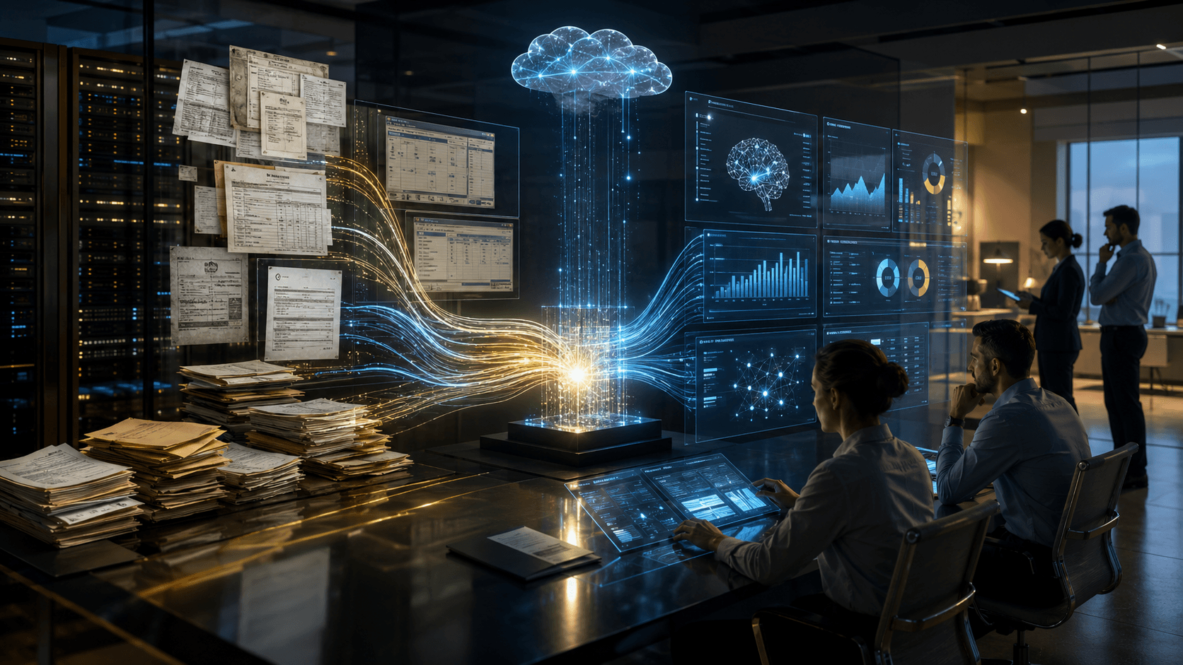 A cinematic enterprise operations room showing messy business records being transformed into structured AI workflows under human supervision.