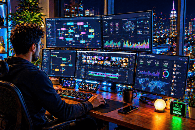 A creator works at a modern desk using multiple screens showing AI systems and growing online community metrics.