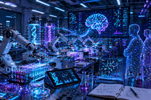 A futuristic automated biology laboratory showing robotic arms running experiments, glowing data streams feeding into AI systems, rows of advanced lab equipment and server racks, and digital human silhouettes observing the process, symbolising AI driven scientific discovery and the risks of autonomous experimentation.