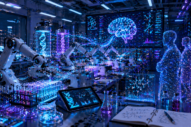 A futuristic automated biology laboratory showing robotic arms running experiments, glowing data streams feeding into AI systems, rows of advanced lab equipment and server racks, and digital human silhouettes observing the process, symbolising AI driven scientific discovery and the risks of autonomous experimentation.