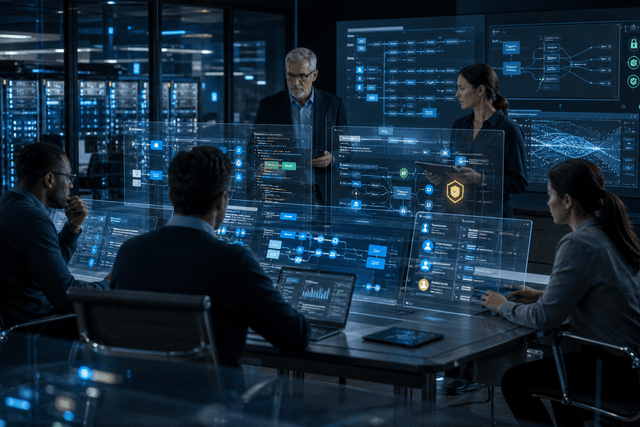A modern enterprise software team reviews AI-assisted low-code workflows, governance controls, and system integrations in a cinematic command centre.