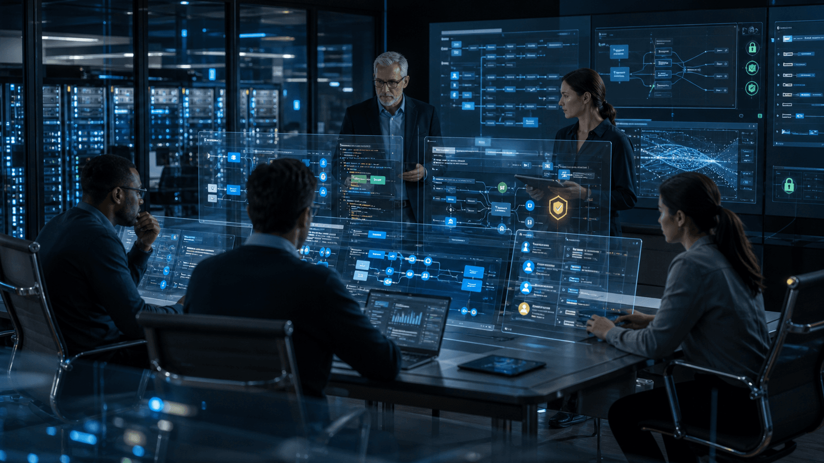 A modern enterprise software team reviews AI-assisted low-code workflows, governance controls, and system integrations in a cinematic command centre.