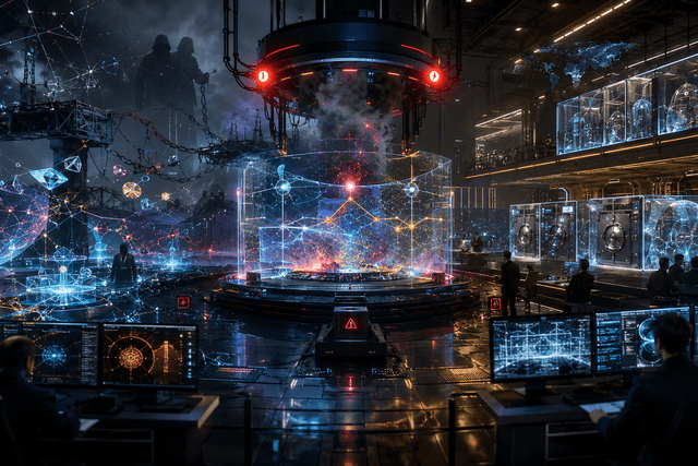 A cinematic image of DeFi infrastructure under pressure, with broken blockchain bridges on one side and stronger security controls rebuilding the system on the other