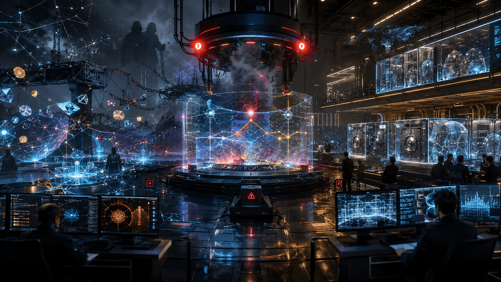 A cinematic image of DeFi infrastructure under pressure, with broken blockchain bridges on one side and stronger security controls rebuilding the system on the other