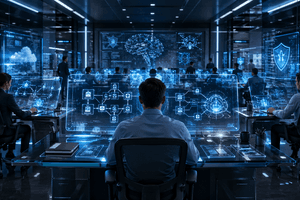 A futuristic enterprise software operations room showing engineers using AI dashboards to manage code, security, cloud systems and legacy software modernisation
