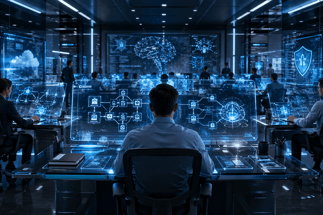 A futuristic enterprise software operations room showing engineers using AI dashboards to manage code, security, cloud systems and legacy software modernisation