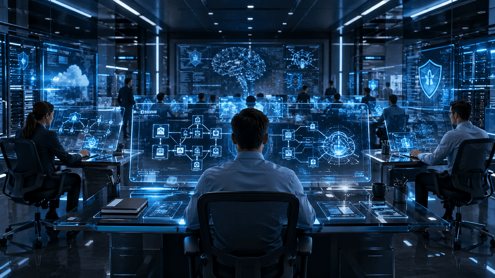 A futuristic enterprise software operations room showing engineers using AI dashboards to manage code, security, cloud systems and legacy software modernisation