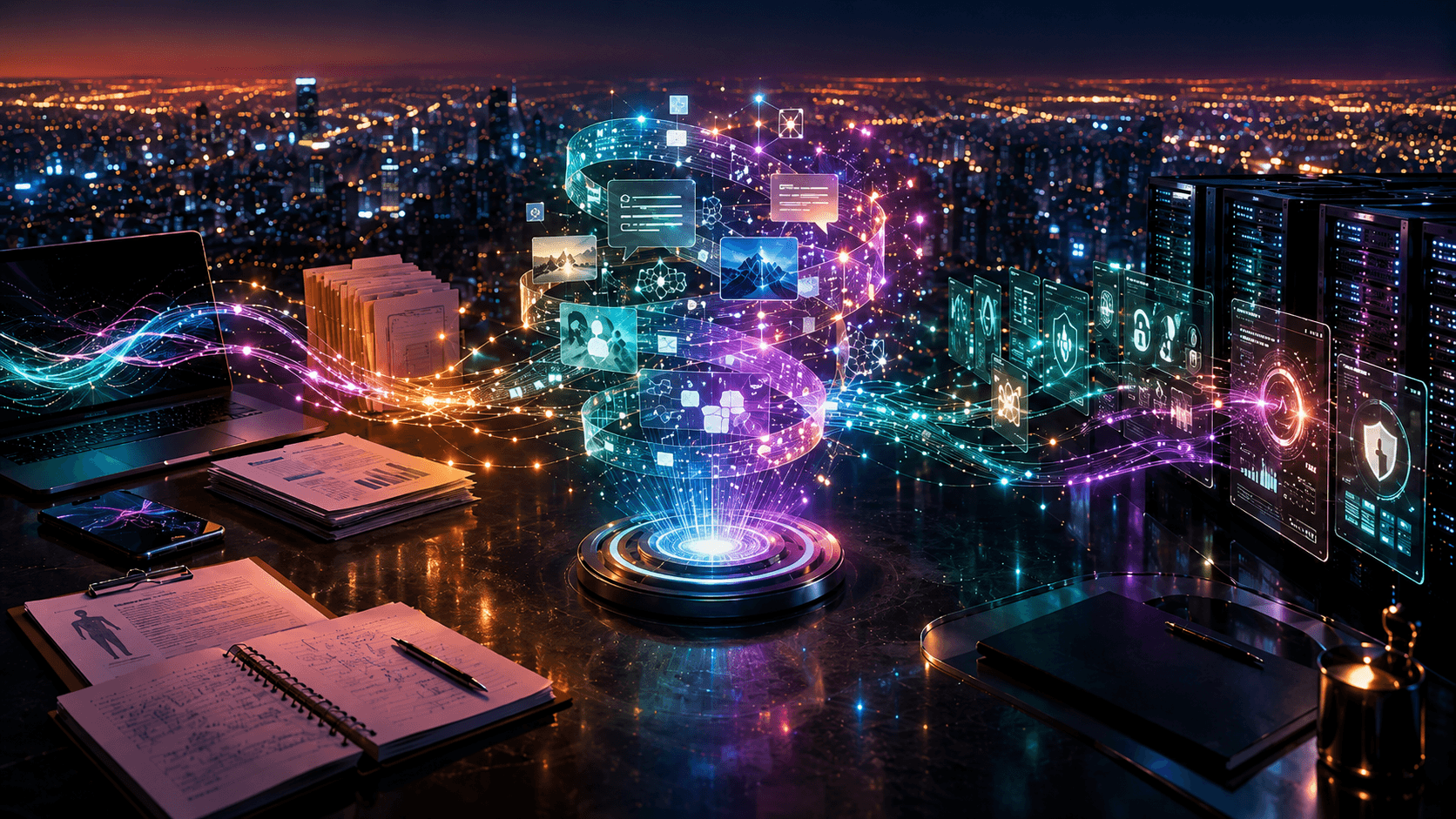 A cinematic AI assistant core connects everyday tasks, safety systems, memory controls, and digital infrastructure to symbolise more reliable personal AI.