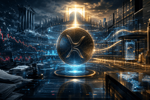A cinematic XRP-inspired digital asset floats between legal pressure, institutional liquidity, and a glowing price-discovery gate.