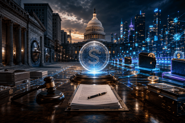 A cinematic image showing a stablecoin at the centre of a policy battle between traditional banks and digital finance infrastructure.