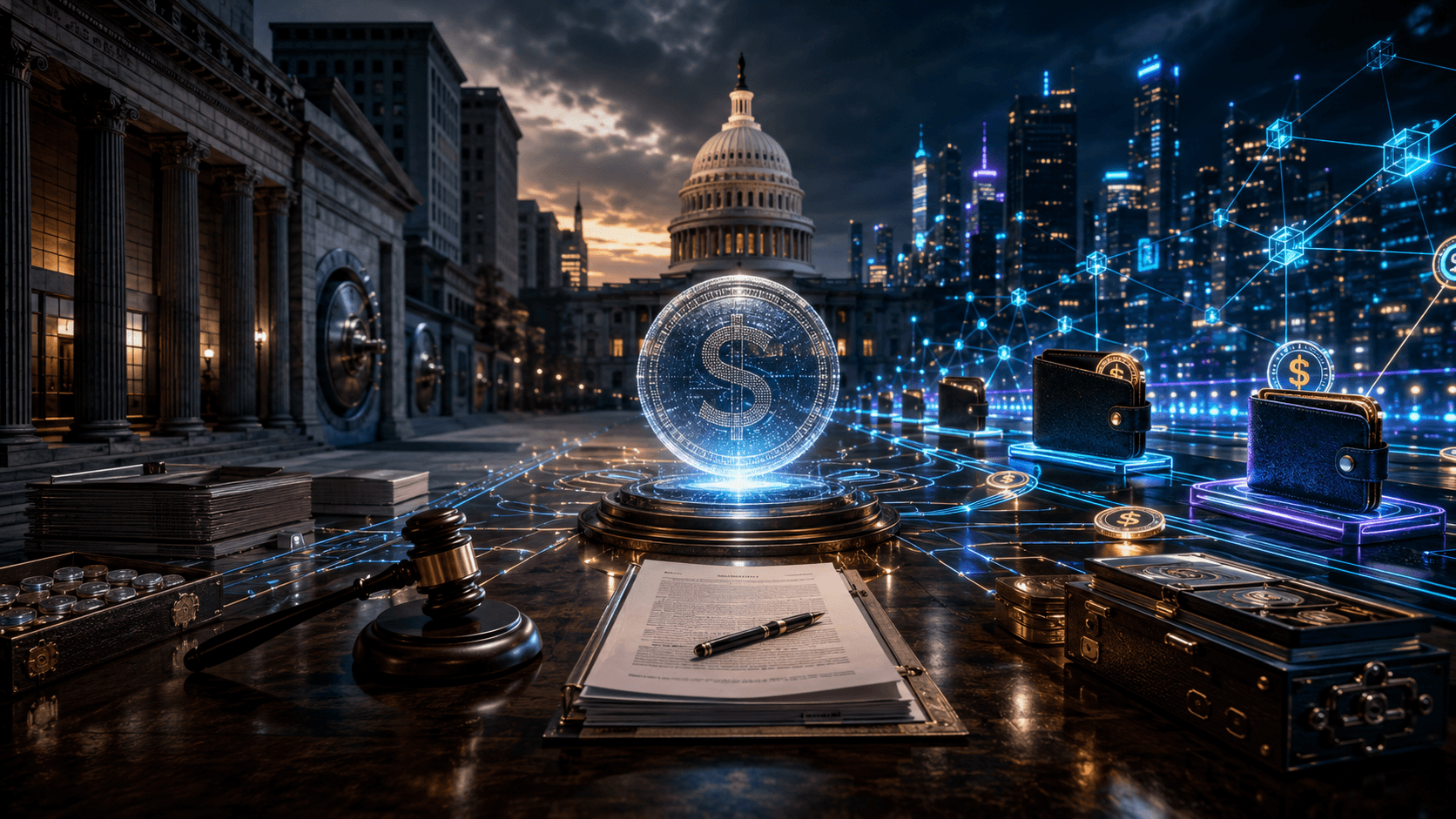A cinematic image showing a stablecoin at the centre of a policy battle between traditional banks and digital finance infrastructure.