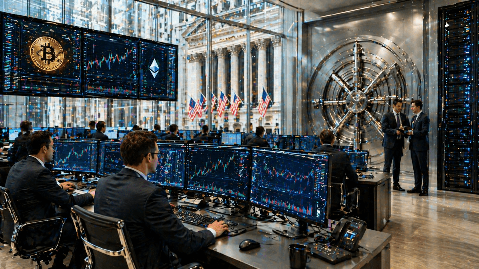 Institutional traders monitor crypto ETF custody systems beside glowing blockchain data streams and a secure digital vault.