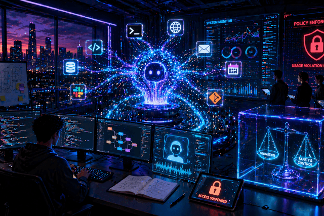 A futuristic AI control room showing an advanced digital assistant system connected to multiple tools, with glowing data streams, code interfaces, and a central AI core being monitored, symbolising the tension between AI control, developer experimentation, and platform restrictions.